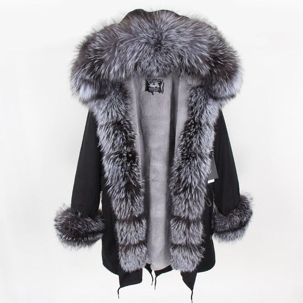 fashion winter jacket women real fur coat natural real fox fur collar loose long parkas big fur outerwear Detachable