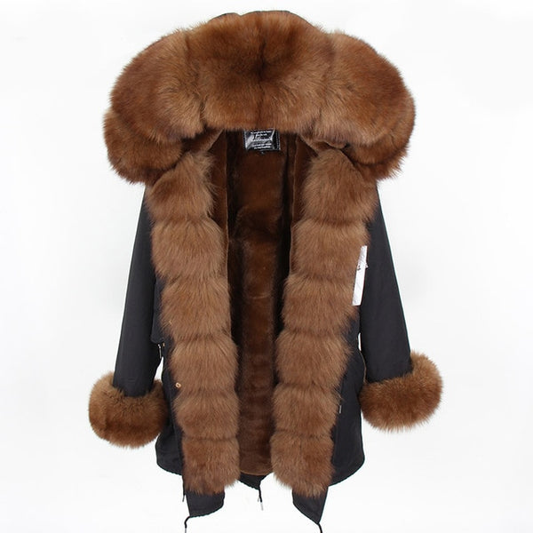 fashion winter jacket women real fur coat natural real fox fur collar loose long parkas big fur outerwear Detachable