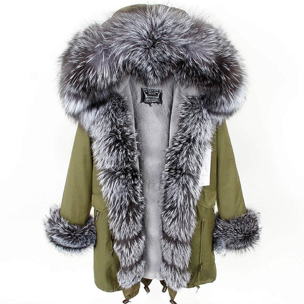 fashion winter jacket women real fur coat natural real fox fur collar loose long parkas big fur outerwear Detachable