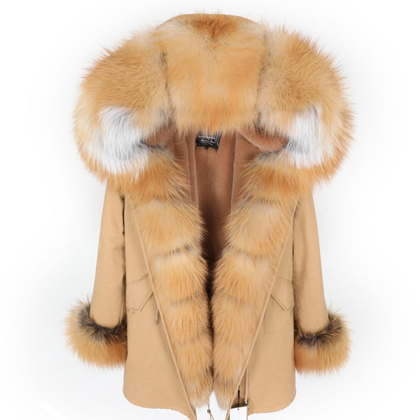 fashion winter jacket women real fur coat natural real fox fur collar loose long parkas big fur outerwear Detachable