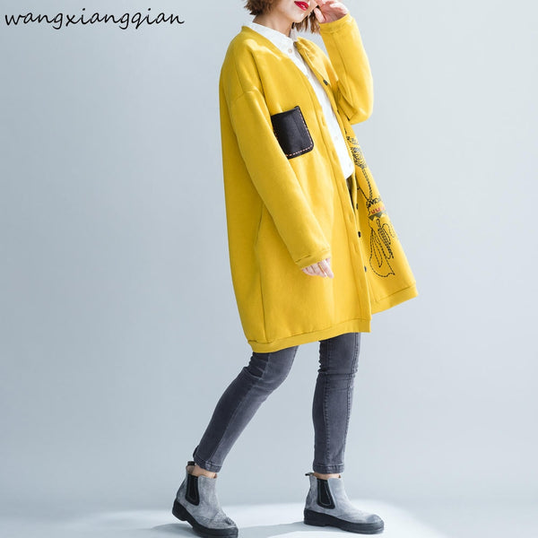 Cartoon Printed Women Winter Jacket Off Shoulder Dress Big Size Thicken Velvet Coat Cardigan