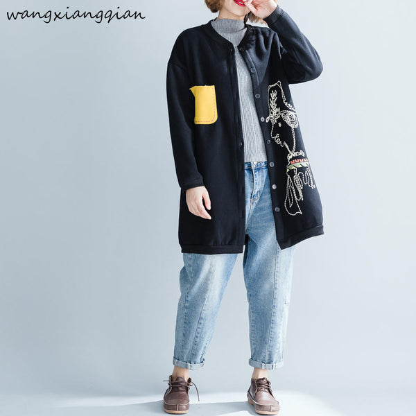 Cartoon Printed Women Winter Jacket Off Shoulder Dress Big Size Thicken Velvet Coat Cardigan
