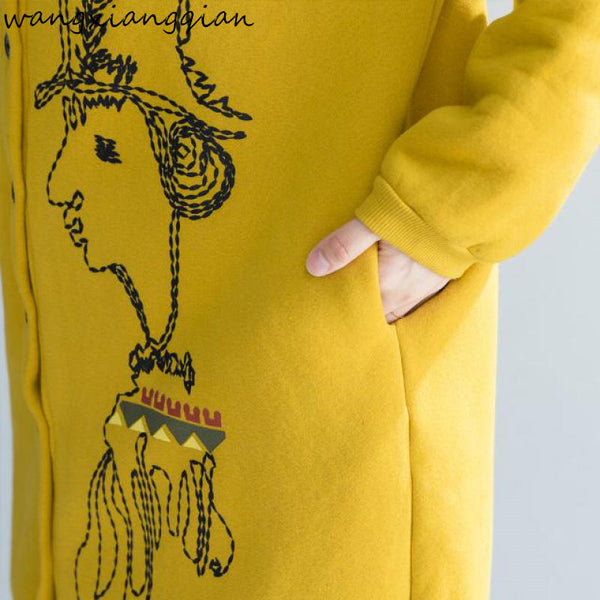 Cartoon Printed Women Winter Jacket Off Shoulder Dress Big Size Thicken Velvet Coat Cardigan