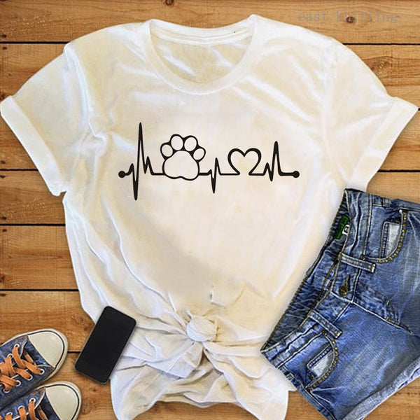 Heartbeat Lifeline dog cat foot Women tshirt Halajuku Casual Funny