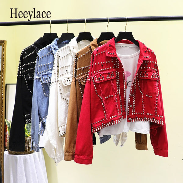 Women Harajuku Red Denim Jacket Coat Heavy Hand Beaded Rivet Short Black Jeans Jacket