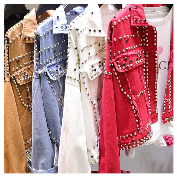 Women Harajuku Red Denim Jacket Coat Heavy Hand Beaded Rivet Short Black Jeans Jacket
