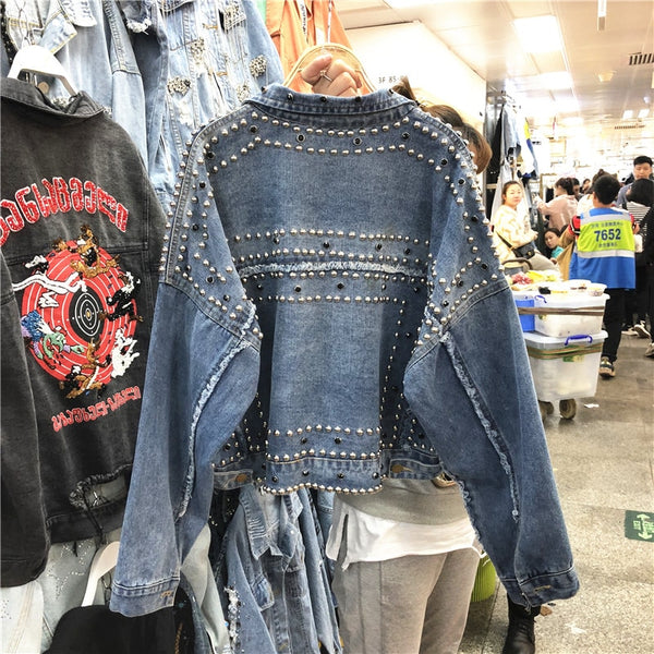 Women Harajuku Red Denim Jacket Coat Heavy Hand Beaded Rivet Short Black Jeans Jacket