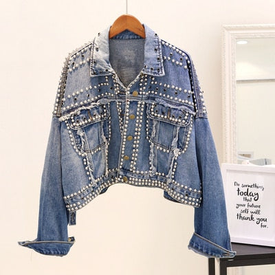 Women Harajuku Red Denim Jacket Coat Heavy Hand Beaded Rivet Short Black Jeans Jacket