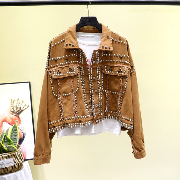 Women Harajuku Red Denim Jacket Coat Heavy Hand Beaded Rivet Short Black Jeans Jacket