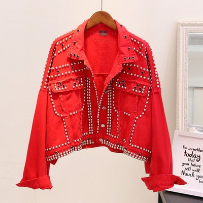 Women Harajuku Red Denim Jacket Coat Heavy Hand Beaded Rivet Short Black Jeans Jacket