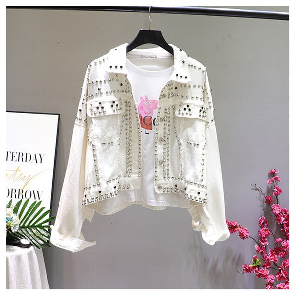 Women Harajuku Red Denim Jacket Coat Heavy Hand Beaded Rivet Short Black Jeans Jacket