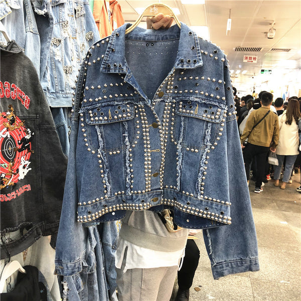 Women Harajuku Red Denim Jacket Coat Heavy Hand Beaded Rivet Short Black Jeans Jacket