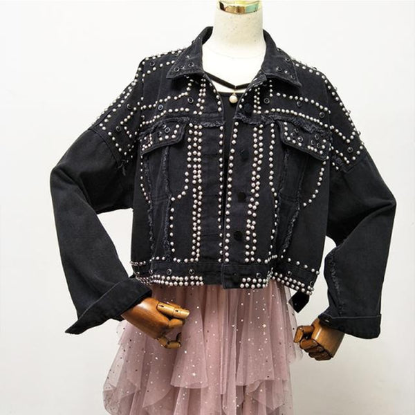Women Harajuku Red Denim Jacket Coat Heavy Hand Beaded Rivet Short Black Jeans Jacket