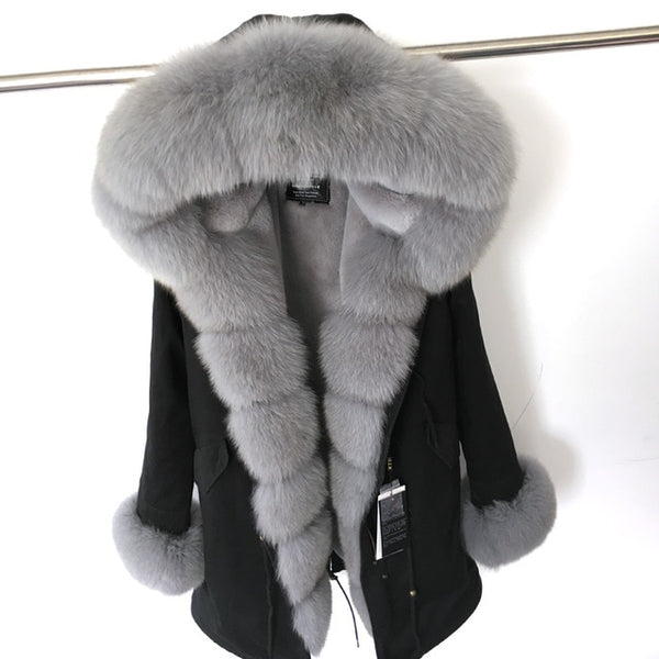 fashion winter jacket women real fur coat natural real fox fur collar loose long parkas big fur outerwear Detachable