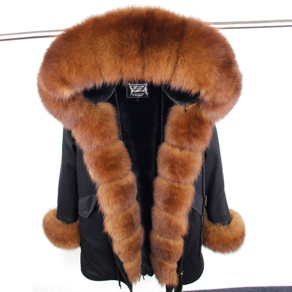 fashion winter jacket women real fur coat natural real fox fur collar loose long parkas big fur outerwear Detachable