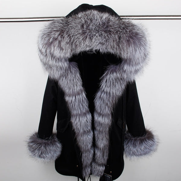 fashion winter jacket women real fur coat natural real fox fur collar loose long parkas big fur outerwear Detachable