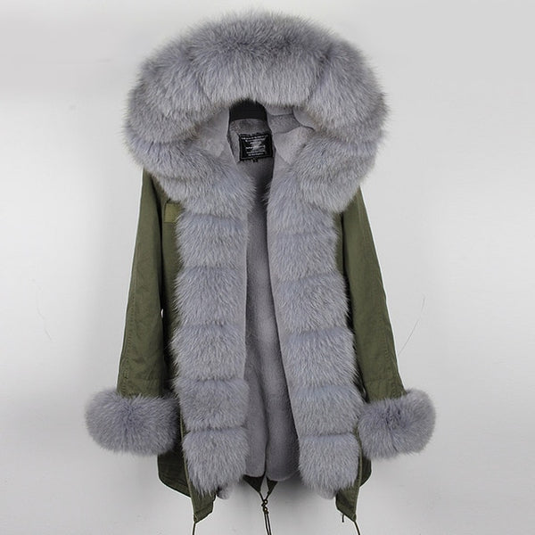 fashion winter jacket women real fur coat natural real fox fur collar loose long parkas big fur outerwear Detachable