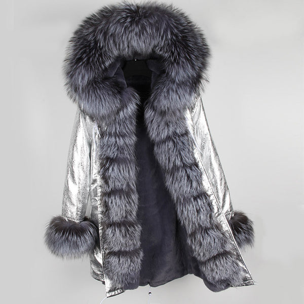 fashion winter jacket women real fur coat natural real fox fur collar loose long parkas big fur outerwear Detachable