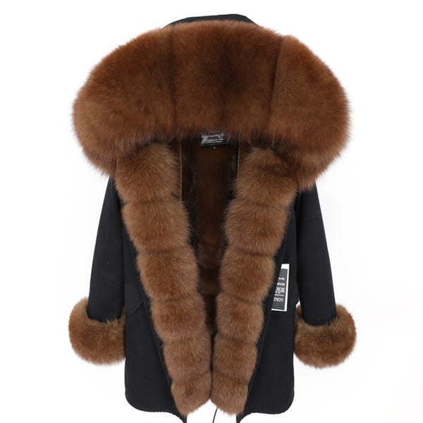 fashion winter jacket women real fur coat natural real fox fur collar loose long parkas big fur outerwear Detachable
