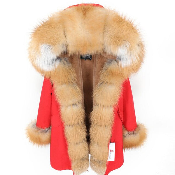 fashion winter jacket women real fur coat natural real fox fur collar loose long parkas big fur outerwear Detachable