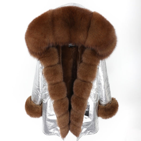fashion winter jacket women real fur coat natural real fox fur collar loose long parkas big fur outerwear Detachable
