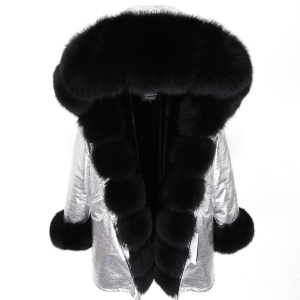 fashion winter jacket women real fur coat natural real fox fur collar loose long parkas big fur outerwear Detachable