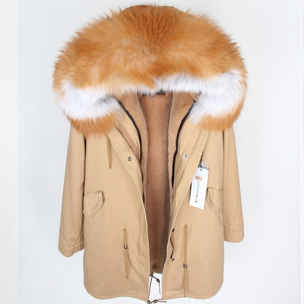 fashion winter jacket women real fur coat natural real fox fur collar loose long parkas big fur outerwear Detachable