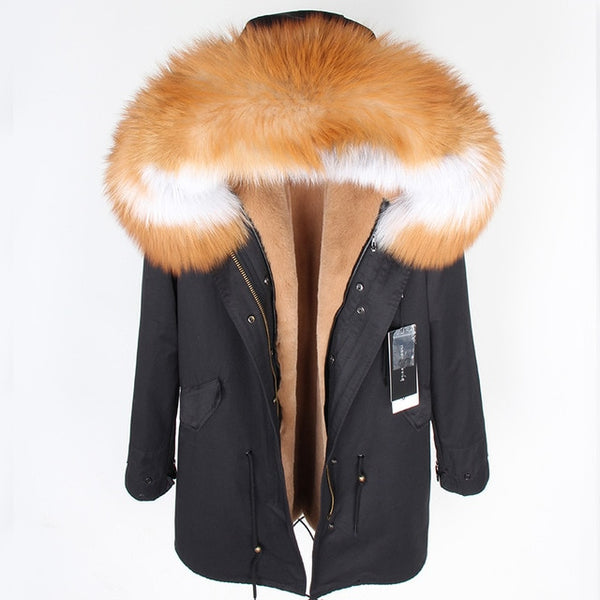 fashion winter jacket women real fur coat natural real fox fur collar loose long parkas big fur outerwear Detachable