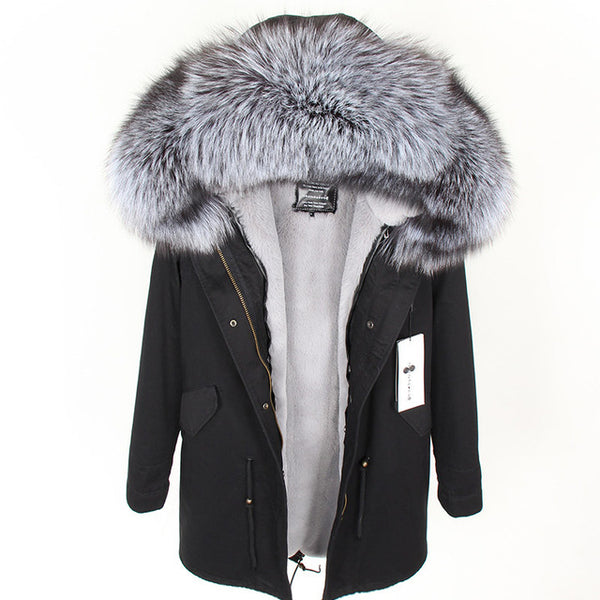 fashion winter jacket women real fur coat natural real fox fur collar loose long parkas big fur outerwear Detachable