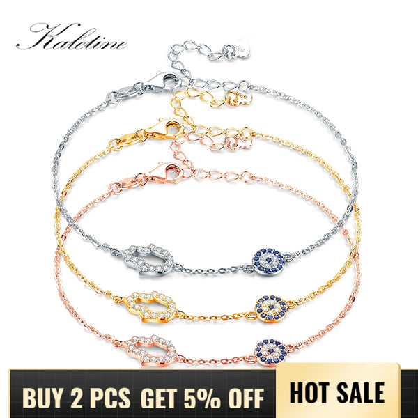 Kaletine 925 Sterling Silver  Charm Bracelet Good Luck Blue CZ Chain Link Bracelets For Women Turkish Jewelry