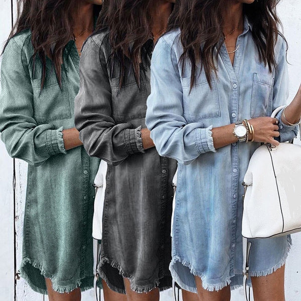 Fashion Summer Casual Lady Mini Dress Turn-down Collar Shirt Women Dresses Women Long Sleeve Loose Denim Shirts Dress