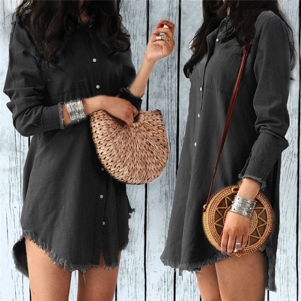 Fashion Summer Casual Lady Mini Dress Turn-down Collar Shirt Women Dresses Women Long Sleeve Loose Denim Shirts Dress
