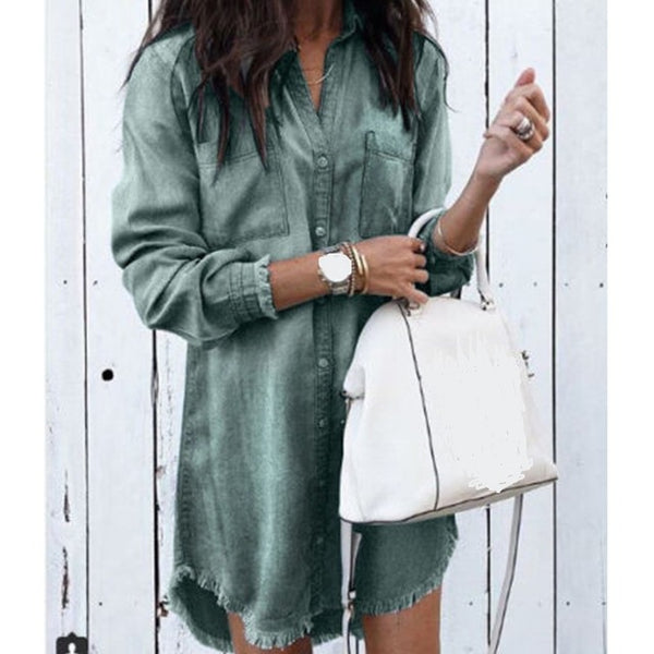 Fashion Summer Casual Lady Mini Dress Turn-down Collar Shirt Women Dresses Women Long Sleeve Loose Denim Shirts Dress