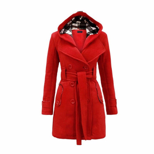 Women Fashion Long Wool Coats Red Outerwear Female Coat with Hat Casual Jackets Warm Fleece