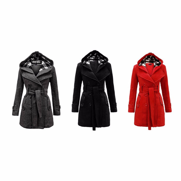 Women Fashion Long Wool Coats Red Outerwear Female Coat with Hat Casual Jackets Warm Fleece