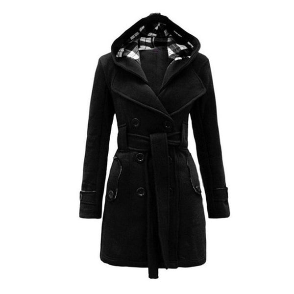 Women Fashion Long Wool Coats Red Outerwear Female Coat with Hat Casual Jackets Warm Fleece