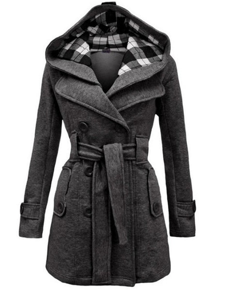 Women Fashion Long Wool Coats Red Outerwear Female Coat with Hat Casual Jackets Warm Fleece