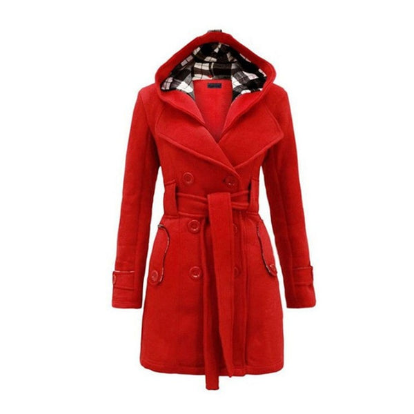 Women Fashion Long Wool Coats Red Outerwear Female Coat with Hat Casual Jackets Warm Fleece
