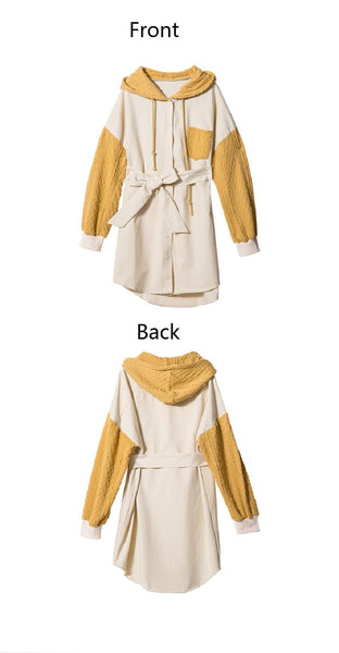 UGOCCAM Hooded Coat Yellow Women Coat Trench Oversize Splice Knitted Winter Windproof
