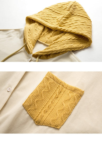 UGOCCAM Hooded Coat Yellow Women Coat Trench Oversize Splice Knitted Winter Windproof