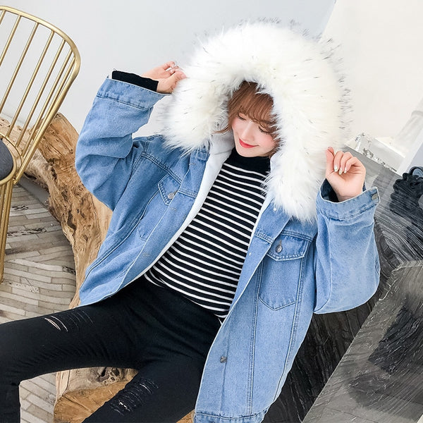 Women's Denim Jacket With Fur Winter Hooded Coat Female Faux Fur Collar