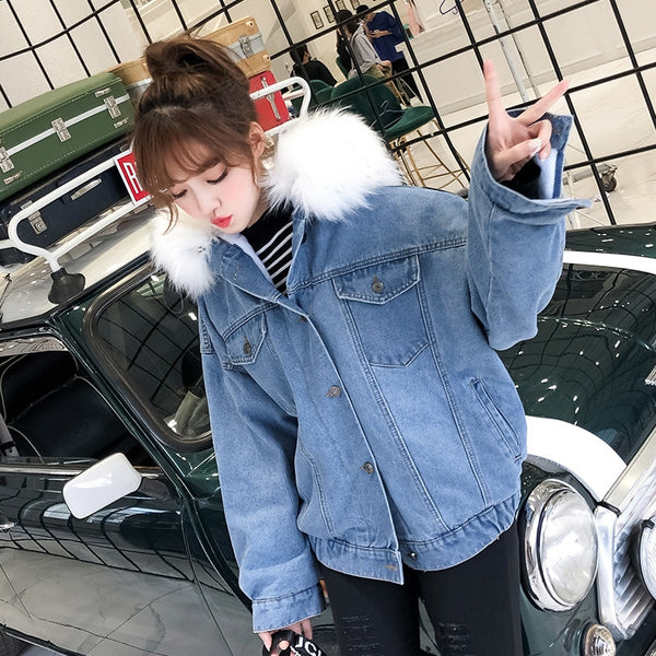 Women's Denim Jacket With Fur Winter Hooded Coat Female Faux Fur Collar