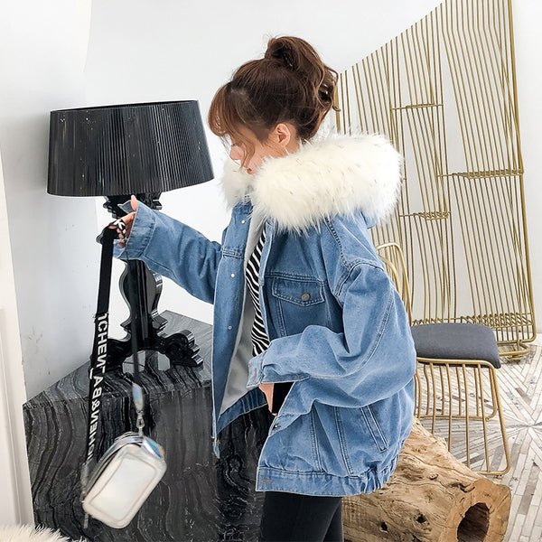 Women's Denim Jacket With Fur Winter Hooded Coat Female Faux Fur Collar
