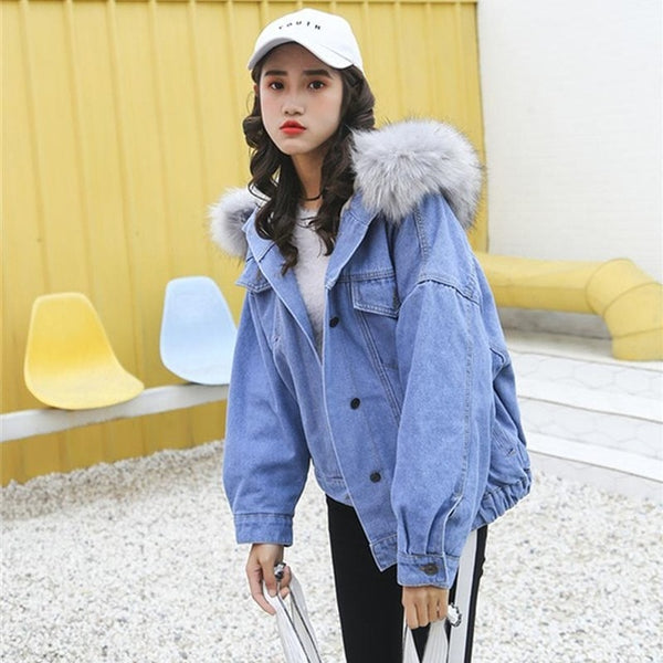 Women's Denim Jacket With Fur Winter Hooded Coat Female Faux Fur Collar