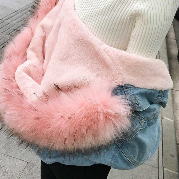 Women's Denim Jacket With Fur Winter Hooded Coat Female Faux Fur Collar