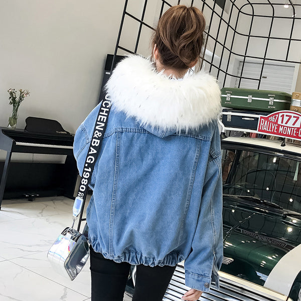 Women's Denim Jacket With Fur Winter Hooded Coat Female Faux Fur Collar