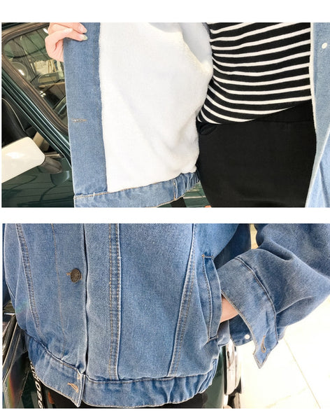 Women's Denim Jacket With Fur Winter Hooded Coat Female Faux Fur Collar