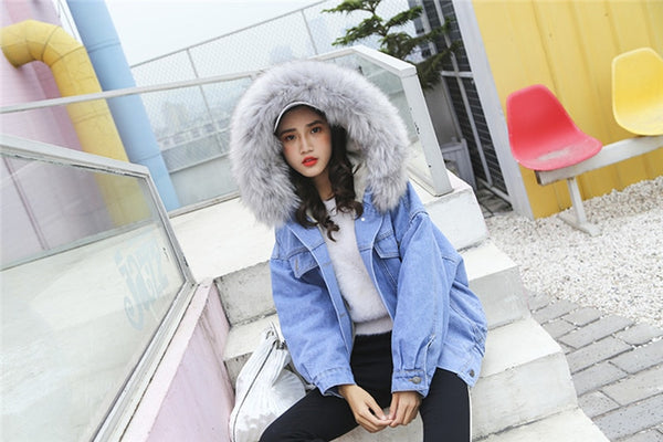 Women's Denim Jacket With Fur Winter Hooded Coat Female Faux Fur Collar