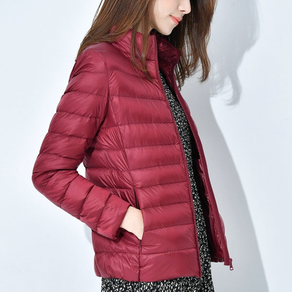 ultra light snow waterproof warm jacket for women sexy slim hooded stand collar women short jacket