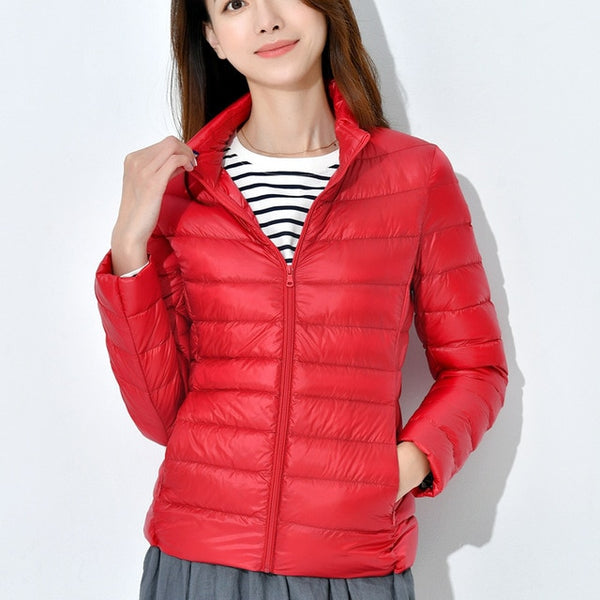 ultra light snow waterproof warm jacket for women sexy slim hooded stand collar women short jacket